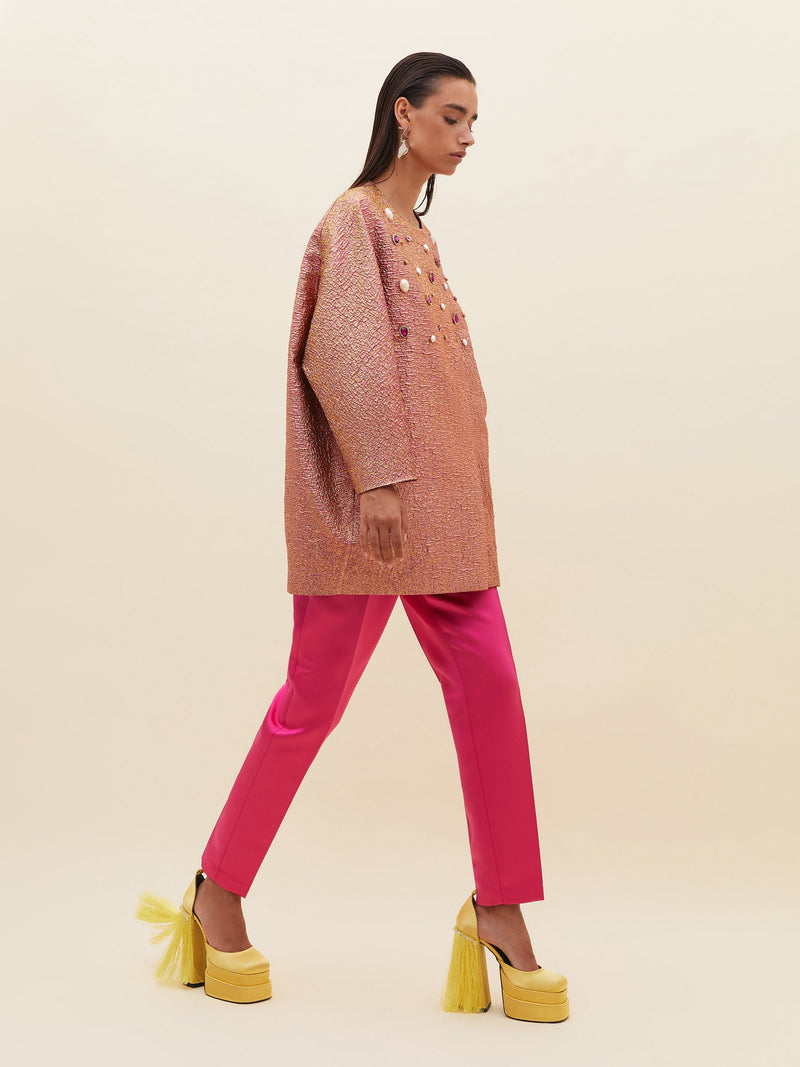 Long Coat with Stone-Embroidered Collar