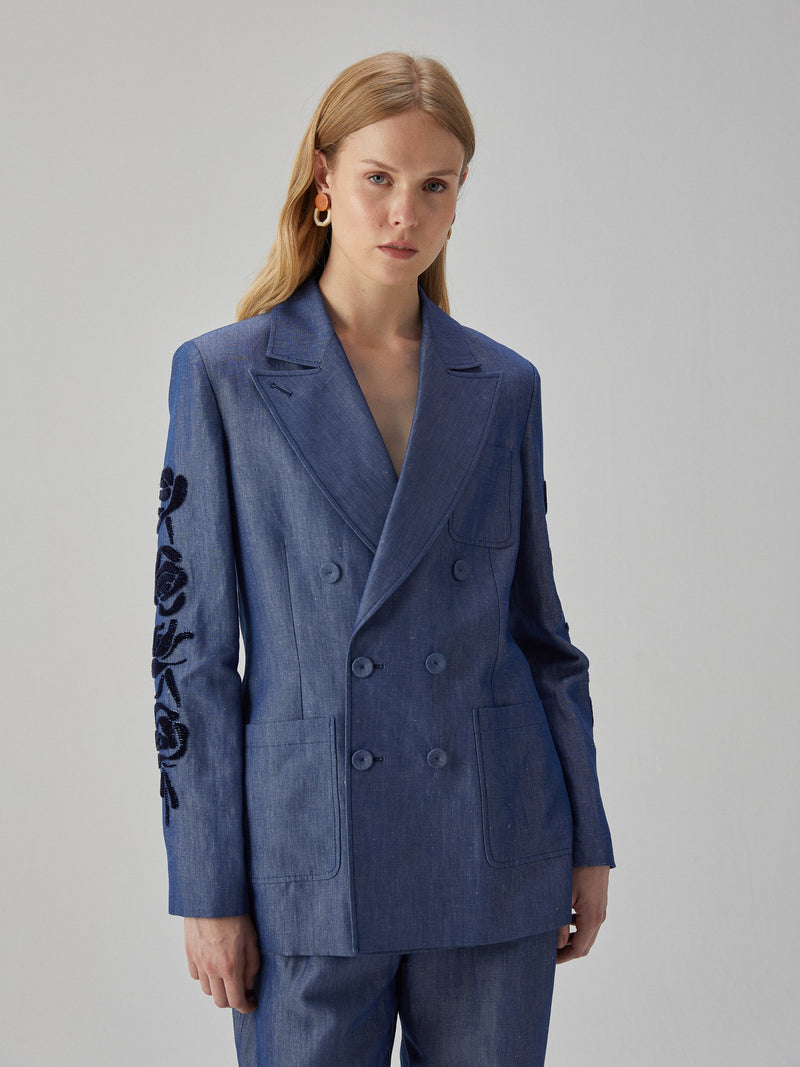 Linen Jacket with Embroidered Sleeves